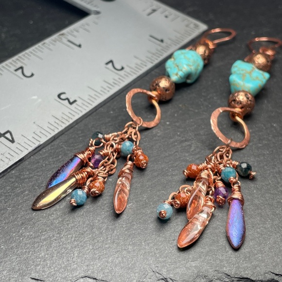 Artisan Turquoise Hand Wired Copper Fringe Dangle Earrings - Picture 13 of 14